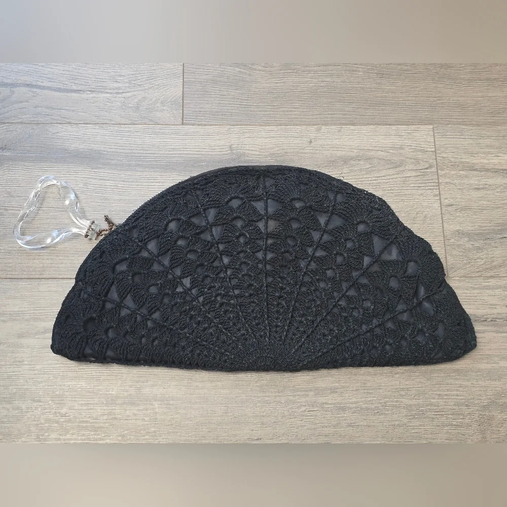 Vintage 1940's Large Half Moon Corded Clutch Purse Crochet Carved Lucite Pull - Picture 3 of 7